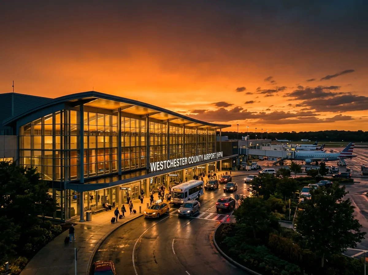 Westchester County Airport HPN terminal exterior at dusk, modern glass facade, dramatic orange sky, wide angle shot