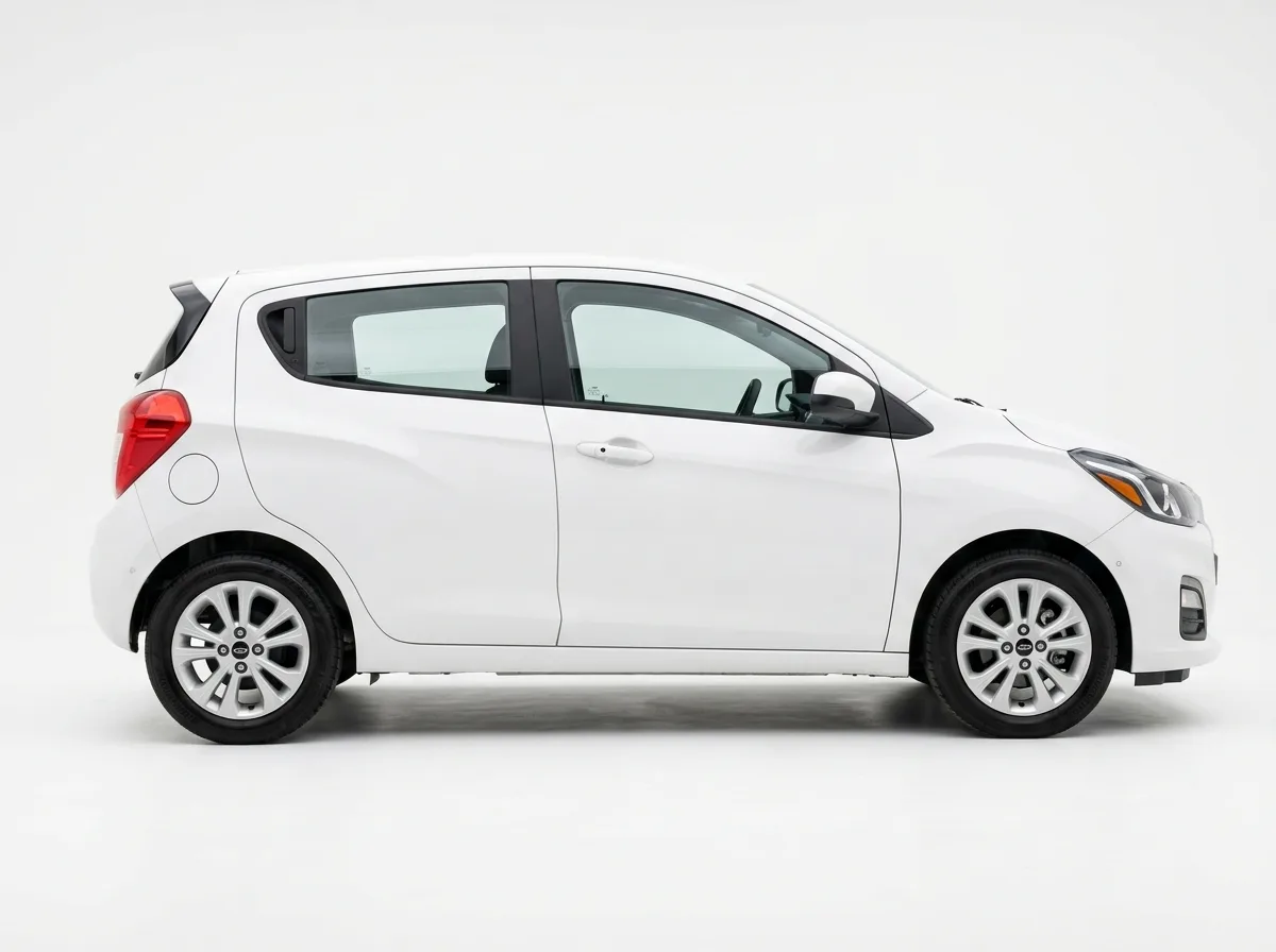 Chevrolet Spark economy hatchback, white, side profile on white background, car rental product photo