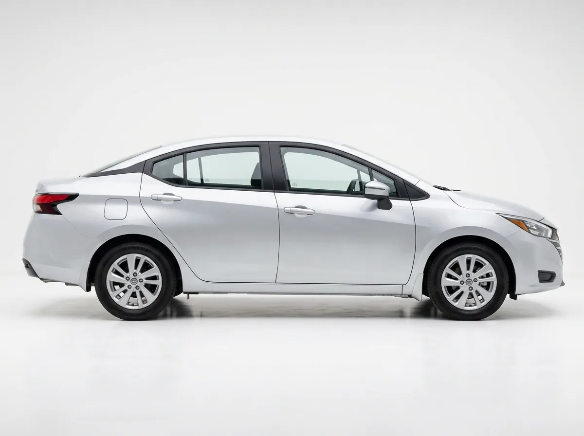 Nissan Versa compact sedan, silver, side profile on white background, car rental product photo