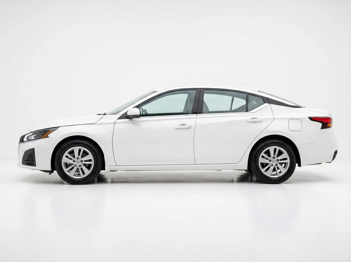 Nissan Altima full-size sedan, white, side profile on white background, car rental product photo