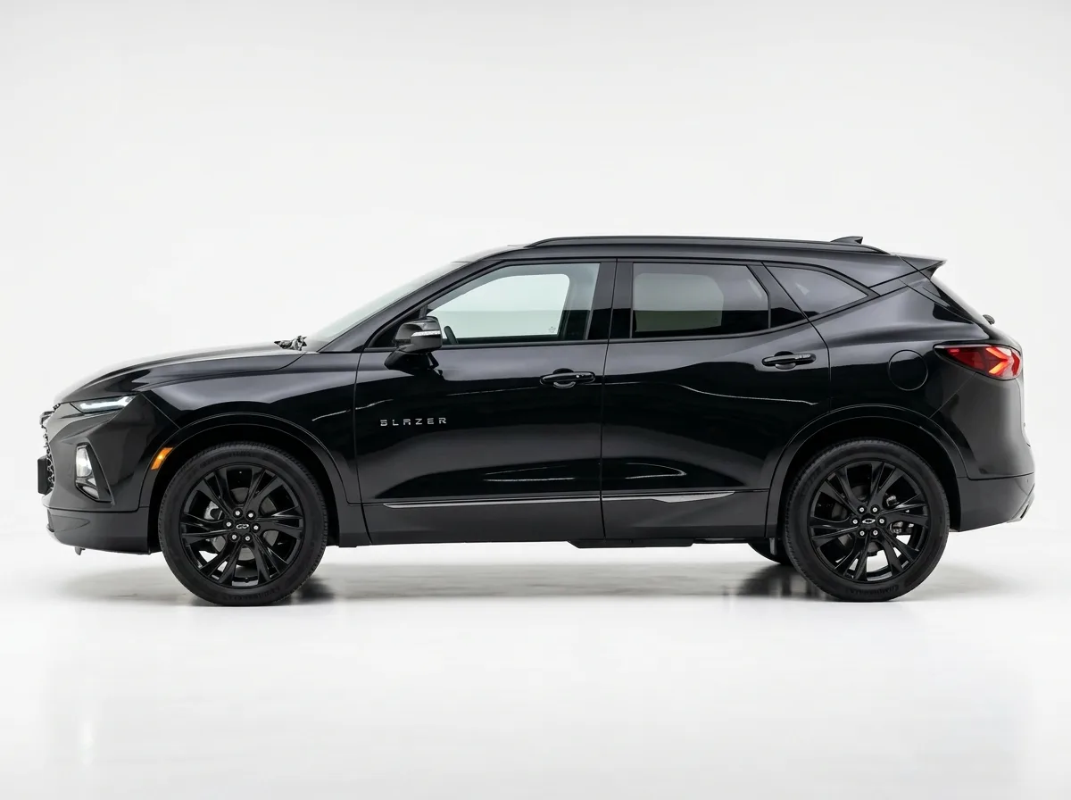 Chevrolet Blazer premium SUV, black, side profile on white background, upscale car rental product photo