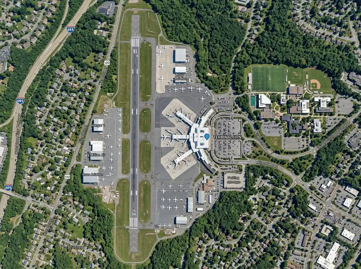 Aerial view of Westchester County Airport HPN terminal and surrounding area, White Plains New York, daytime satellite perspective
