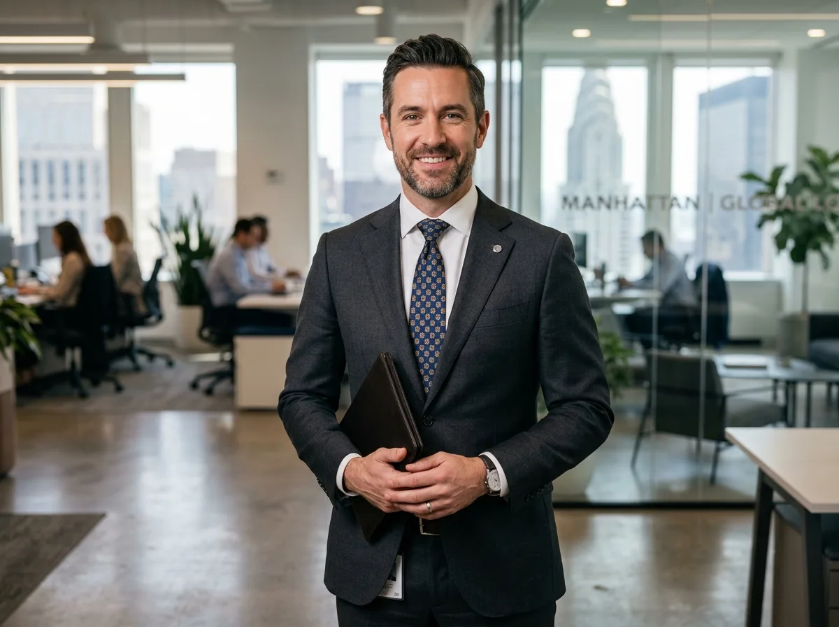 Portrait of James R., corporate traveler from Manhattan, professional man in suit, indoor office background