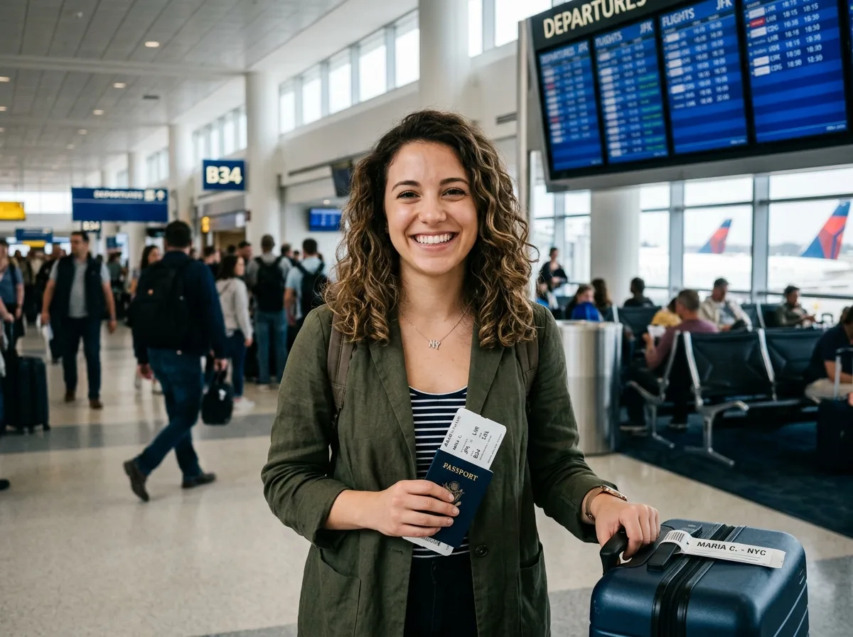 Portrait of Maria C., traveler from New York, young woman smiling, airport background